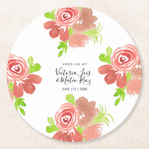 Dessous-de-verre Rond En Papier Aquarelle Floral rose Beige Blush Mariage