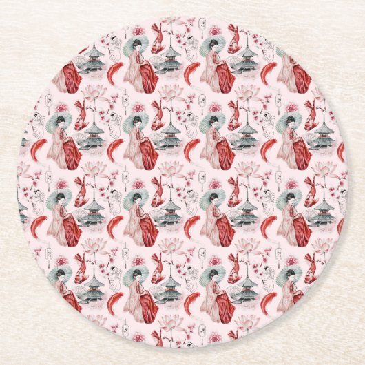 Dessous-de-verre Rond En Papier Aquarelle Japonaise Pagode Lotus Koi Fish Ta (Devant)