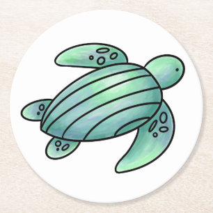 Dessous-de-verre Rond En Papier aquarelle peinte caricature de tortue de mer bleu 