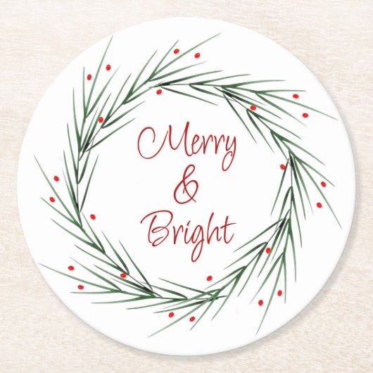 Dessous-de-verre Rond En Papier Aquarelle Pine Aiguilles et Berries Wreath Round (Devant)