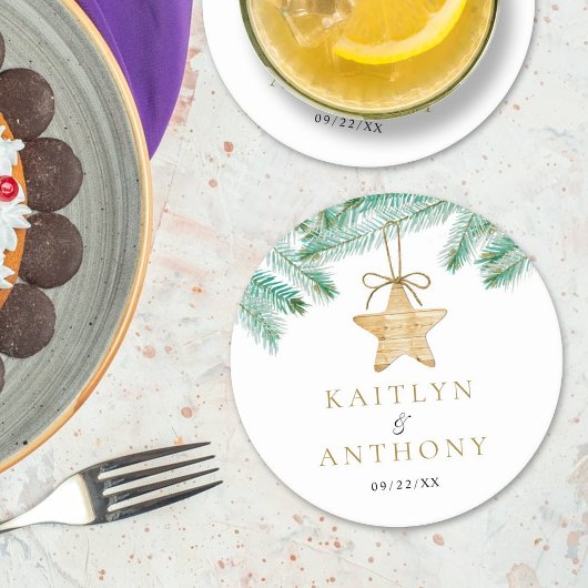 Dessous-de-verre Rond En Papier Aquarelle Pine Boughs Noël Mariage d'hiver