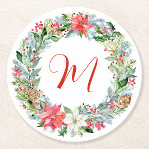 Dessous-de-verre Rond En Papier Aquarelle Poinsettia monogramme de couronne de Noë