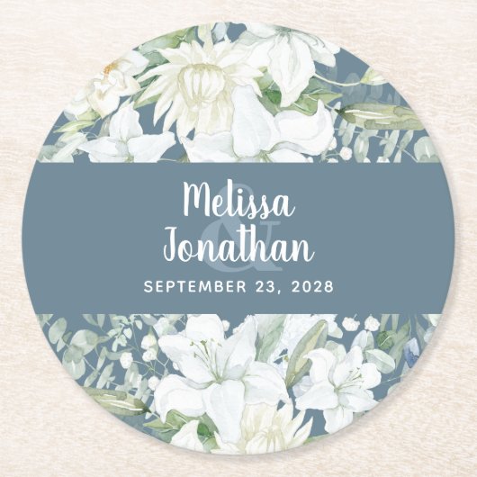 Dessous-de-verre Rond En Papier Aquarelle romantique fleurs blanches mariage (Devant)