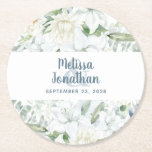 Dessous-de-verre Rond En Papier Aquarelle romantique fleurs blanches mariage<br><div class="desc">Dessous de verre en papier mariage romantique, avec un délicat bouquet d'aquarelle avec des fleurs douces blanches, de la verdure et d'autres feuillages botaniques sur un arrière - plan blanc. Modifiez facilement les champs modèle pour ajouter vos noms et votre date de mariage dans une police gris ardoise classique. Visitez...</div>