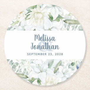 Dessous-de-verre Rond En Papier Aquarelle romantique fleurs blanches mariage