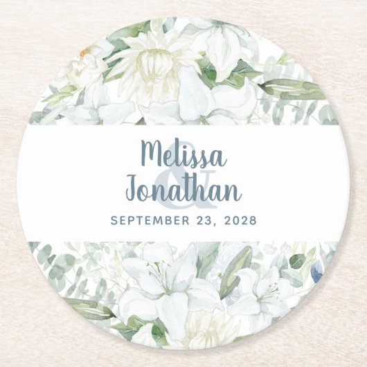 Dessous-de-verre Rond En Papier Aquarelle romantique fleurs blanches mariage (Devant)