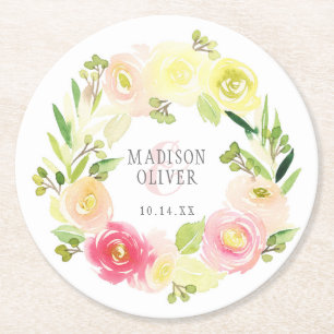 Dessous-de-verre Rond En Papier Aquarelle rose et jaune couronne florale MARIAGE