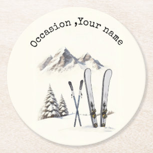 Dessous-de-verre Rond En Papier Aquarelle rustique Ski neige montagne hiver