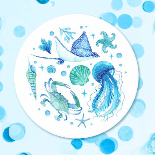 Dessous-de-verre Rond En Papier Aquarelle sous la méduse bleu marine, coquille mar