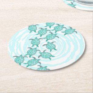 Dessous-de-verre Rond En Papier Aquarelle Tortue de mer Turquoise sur des bandes T