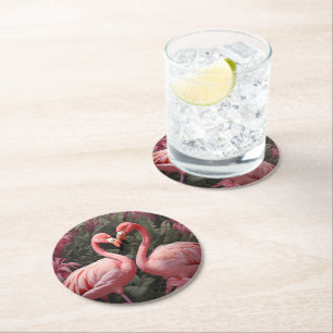 Dessous-de-verre Rond En Papier Aquarelle Tropical Rose Flamant rose Romance