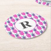 Dessous-de-verre Rond En Papier Aquarelle tropicale rose Monogramme d'ananas (Incliné)