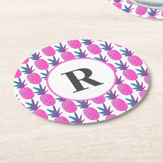 Dessous-de-verre Rond En Papier Aquarelle tropicale rose Monogramme d'ananas (Incliné)
