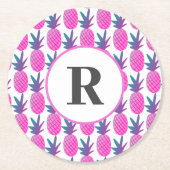 Dessous-de-verre Rond En Papier Aquarelle tropicale rose Monogramme d'ananas (Devant)