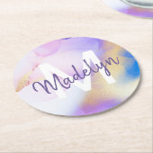 Dessous-de-verre Rond En Papier Aquarelle violet Abstrait Girly Luxury Monogramme (Incliné)