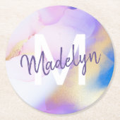 Dessous-de-verre Rond En Papier Aquarelle violet Abstrait Girly Luxury Monogramme (Devant)
