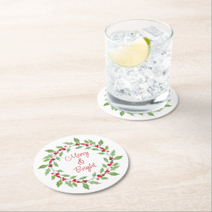 Dessous-de-verre Rond En Papier Aquarelle Wreath Holly Classic Round Paper Coaste