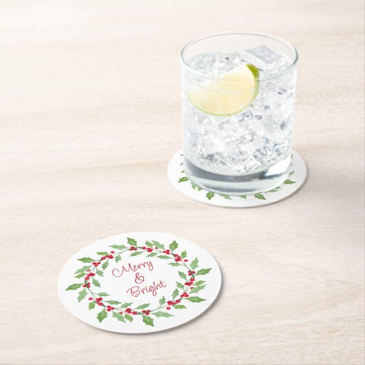 Dessous-de-verre Rond En Papier Aquarelle Wreath Holly Classic Round Paper Coaste (En situation)