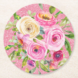 Dessous-de-verre Rond En Papier Aquarelles de roses en rose et crème avec paillett