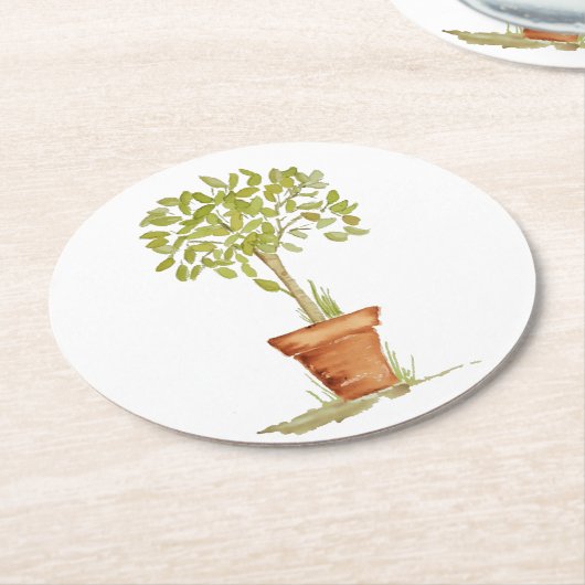 Dessous-de-verre Rond En Papier Arbre d'art topiaire d'aquarelle (Incliné)