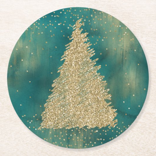 Dessous-de-verre Rond En Papier Arbre de Noël turquoise Parties scintillant verte  (Devant)