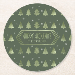Dessous-de-verre Rond En Papier Arbres de Noël et Motif de flocon de neige Green I