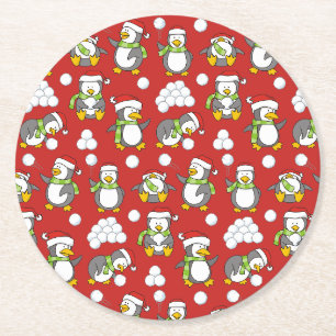 Dessous-de-verre Rond En Papier Arrière - plan de pingouins de Noël