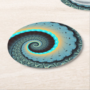 Dessous-de-verre Rond En Papier Art fractal spirale abstrait bleu turquoise orange