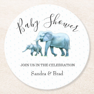Dessous-de-verre Rond En Papier Baby shower bébé garçon, éléphant bleu
