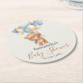 Dessous-de-verre Rond En Papier Baby shower Bleu Ours Teddy (Incliné)