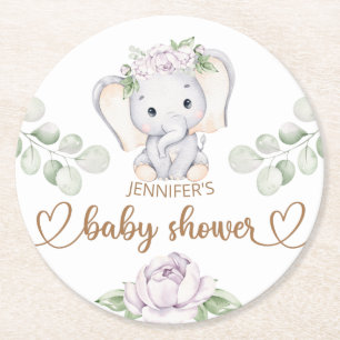 Dessous-de-verre Rond En Papier Baby shower d'aquarelle bébé éléphant et fleur