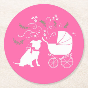 Dessous-de-verre Rond En Papier Baby shower de chien taureau rose