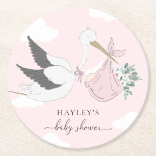 Dessous-de-verre Rond En Papier Baby shower de cigogne rose