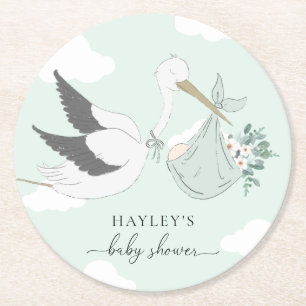 Dessous-de-verre Rond En Papier Baby shower de cigogne verte à la menthe