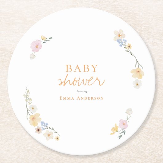 Dessous-de-verre Rond En Papier Baby shower de fleurs boho botaniques Script (Devant)