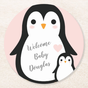 Dessous-de-verre Rond En Papier Baby shower de pingouin rose