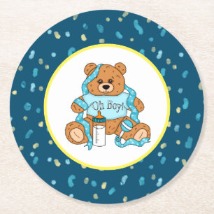 Dessous-de-verre Rond En Papier Baby shower d'ours en peluche bleu et jaune