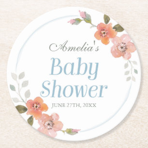 Dessous-de-verre Rond En Papier Baby shower Floral Blue Boy