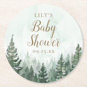Dessous-de-verre Rond En Papier Baby shower forestier rustique de pins