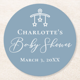 Dessous-de-verre Rond En Papier Baby shower minimaliste Dusty Bleu Blanc Chic