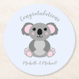 Dessous-de-verre Rond En Papier Baby shower Ours de Koala bleu
