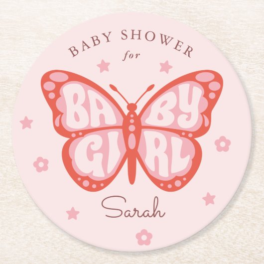 Dessous-de-verre Rond En Papier Baby shower papillon rose pour bébé (Devant)
