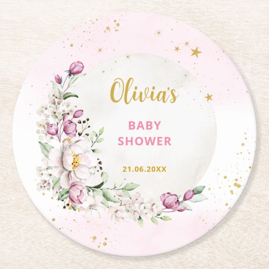 Dessous-de-verre Rond En Papier Baby shower rose lune florale (Devant)