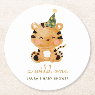 Dessous-de-verre Rond En Papier Baby shower Safari Tiger Aquarelle
