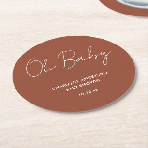 Dessous-de-verre Rond En Papier Baby shower script moderne terre cuite marron élég