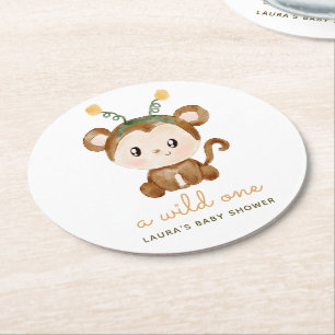 Dessous-de-verre Rond En Papier Baby Shower Singe Aquarelle Feuilles Tropicales