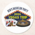 Dessous-de-verre Rond En Papier Bachelor Party sur mesure Las Vegas Trip Casino<br><div class="desc">Customisez vos propres dessous de verre d'excursions pour une escapade à Las Vegas. Un dessous de verre personnalisé cool avec des éléments de casinos de jeu tels que un jeu de cartes, des jetons de poker, et roulette roue avec Vegas Trip en script jaune. Amusant design de joueur pour vos...</div>