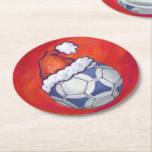Dessous-de-verre Rond En Papier Bal de soccer bleu et blanc sur rouge