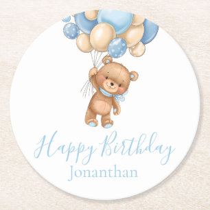Dessous-de-verre Rond En Papier Ballons Ours En Teddy Joyeux Bleu Boy Anniversaire