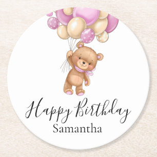 Dessous-de-verre Rond En Papier Ballons Ours Teddy Fille Rose Joyeux Anniversaire